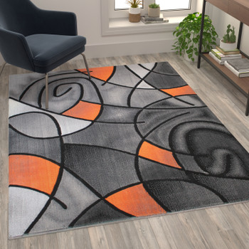 Flash Furniture Jubilee Collection 5' x 7' Orange Abstract Area Rug Olefin Rug w/ Jute Backing Living Room, Bedroom, & Family Room, Model# ACD-RGTRZ860-57-OR-GG