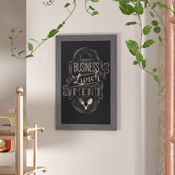 Flash Furniture Canterbury 20" x 30" Rustic Gray Wall Mount Magnetic Chalkboard Sign w/ Eraser, Hanging Wall Chalkboard Memo Board for Home, School, or Business, Model# HGWA-GDI-CRE8-552315-GG