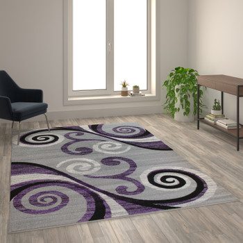 Flash Furniture Valli Collection 6' x 9' Purple Abstract Area Rug Olefin Rug w/ Jute Backing Hallway, Entryway, Bedroom, Living Room, Model# OKR-RG1100-69-PU-GG