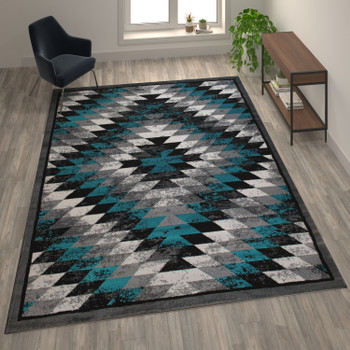 Flash Furniture Teagan Collection Southwestern 8' x 10' Turquoise Area Rug Olefin Rug w/ Jute Backing Entryway, Living Room, Bedroom, Model# OKR-RG1106-810-TQ-GG