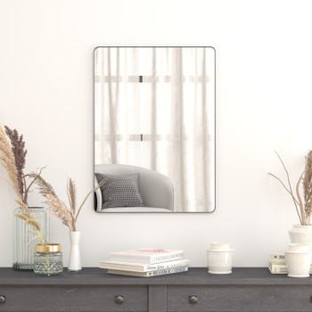 Flash Furniture Susan 22" x 30" Decorative Wall Mirror Rounded Corners, Bathroom & Living Room Glass Mirror Hangs Horizontal Or Vertical, Black, Model# RH-M001-SRC5676MB-BK-GG