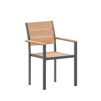 Flash Furniture Finch Commercial Grade Patio Chair w/ Arms, Stackable Side Chair w/ Faux Teak Poly Slats & Metal Frame, Natural/Gray, Model# SB-CA108-WA-NAT-GG