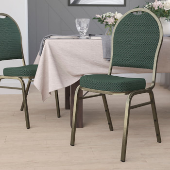 Flash Furniture HERCULES Series Dome Back Stacking Banquet Chair in Green Patterned Fabric Gold Vein Frame, Model# FD-C03-GOLDVEIN-4003-GG