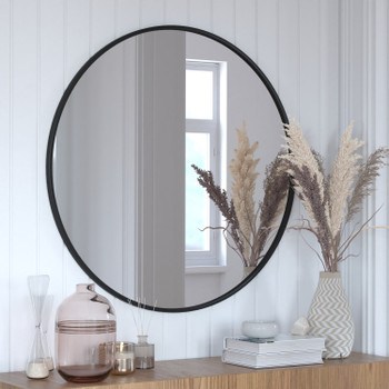 Flash Furniture Julianne 36" Round Black Metal Framed Wall Mirror Large Accent Mirror for Bathroom, Vanity, Entryway, Dining Room, & Living Room, Model# HFKHD-6GD-CRE8-091315-GG