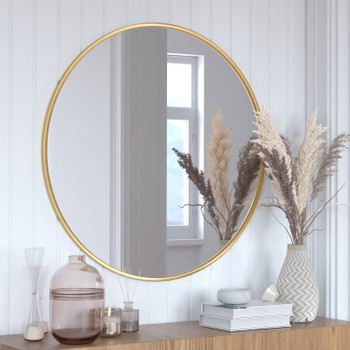 Flash Furniture Julianne 36" Round Gold Metal Framed Wall Mirror Large Accent Mirror for Bathroom, Vanity, Entryway, Dining Room, & Living Room, Model# HFKHD-6GD-CRE8-591315-GG