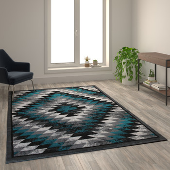 Flash Furniture Teagan Collection Southwestern 6' x 9' Turquoise Area Rug Olefin Rug w/ Jute Backing Entryway, Living Room, Bedroom, Model# OKR-RG1106-69-TQ-GG