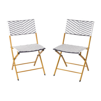 Flash Furniture Rouen Set of 2 Commercial Grade Foldable French Bistro Chairs, Indoor/Outdoor PE Rattan Back & Seat, Navy/White w/ Natural Steel Frames, Model# 2-FV-FWA086-NVY-WHT-GG