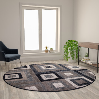 Flash Furniture Gideon Collection Geometric 8' x 8' Blue, Grey, & White Round Olefin Area Rug w/ Cotton Backing, Living Room, Bedroom, Model# OK-HCF-7146ATUR-8R-BL-GG
