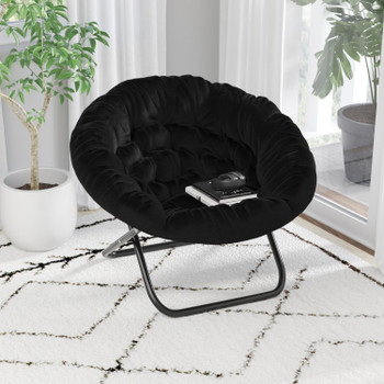Flash Furniture Gwen 38" Oversize Portable Faux Fur Folding Saucer Moon Chair for Dorm & Bedroom, Black Faux Fur/Black Frame, Model# FV-FMC-025-BK-BK-GG