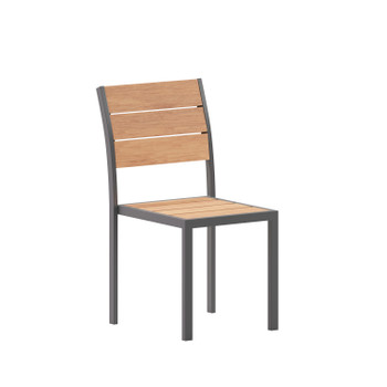 Flash Furniture Finch Commercial Grade Armless Patio Chair, Stackable Side Chair w/ Faux Teak Poly Slats & Metal Frame, Natural/Gray, Model# SB-CA108-NAT-GG