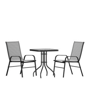 Flash Furniture Brazos 3 Piece Outdoor Patio Dining Set 23.5" Square Tempered Glass Patio Table, 2 Gray Flex Comfort Stack Chairs, Model# TLH-073A1303C-GY-GG