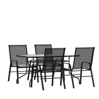 Flash Furniture Brazos 5 Piece Outdoor Patio Dining Set 55" Tempered Glass Patio Table w/ Umbrella Hole, 4 Black Flex Comfort Stack Chairs, Model# TLH-089REC-303CBK4-GG