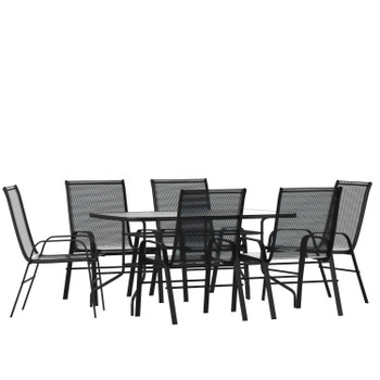 Flash Furniture Brazos 7 Piece Outdoor Patio Dining Set 55" Tempered Glass Patio Table w/ Umbrella Hole, 6 Black Flex Comfort Stack Chairs, Model# TLH-089REC-303CBK6-GG