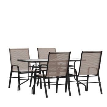 Flash Furniture Brazos 5 Piece Outdoor Patio Dining Set 55" Tempered Glass Patio Table w/ Umbrella Hole, 4 Brown Flex Comfort Stack Chairs, Model# TLH-089REC-303CBN4-GG