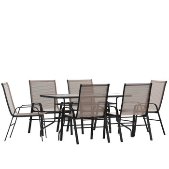 Flash Furniture Brazos 7 Piece Outdoor Patio Dining Set 55" Tempered Glass Patio Table w/ Umbrella Hole, 6 Brown Flex Comfort Stack Chairs, Model# TLH-089REC-303CBN6-GG