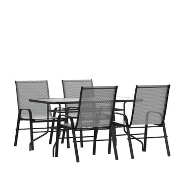 Flash Furniture Brazos 5 Piece Outdoor Patio Dining Set 55" Tempered Glass Patio Table w/ Umbrella Hole, 4 Gray Flex Comfort Stack Chairs, Model# TLH-089REC-303CGY4-GG