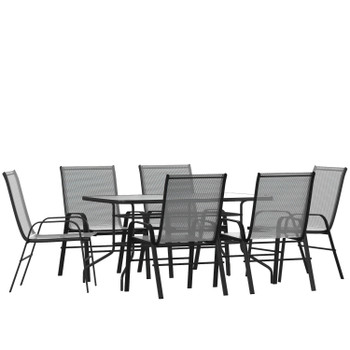 Flash Furniture Brazos 7 Piece Outdoor Patio Dining Set 55" Tempered Glass Patio Table w/ Umbrella Hole, 6 Gray Flex Comfort Stack Chairs, Model# TLH-089REC-303CGY6-GG