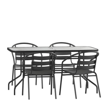 Flash Furniture Lila 5 Piece Patio Dining Set 55" Tempered Glass Patio Table w/ Umbrella Hole 4 Black Metal Aluminum Slat Stack Chairs, Model# TLH-089REC-017CBK4-GG