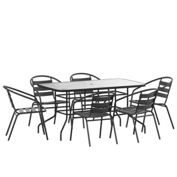 Flash Furniture Lila 7 Piece Patio Dining Set 55" Tempered Glass Patio Table w/ Umbrella Hole, 6 Black Metal Aluminum Slat Stack Chairs, Model# TLH-089REC-017CBK6-GG