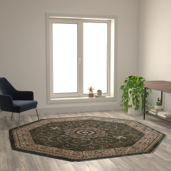 Flash Furniture Portman Collection Persian Style 7' x 7' Round Green Area Rug Olefin Rug w/ Jute Backing Entryway, Bedroom, Living Room, Model# NR-RGB404-77-GN-GG