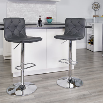 Flash Furniture Sammie Contemporary Button Tufted Gray Vinyl Adjustable Height Barstool w/ Chrome Base, Model# CH-112080-GY-GG
