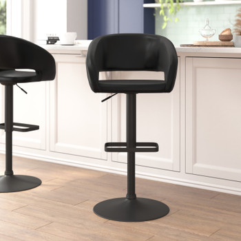 Flash Furniture Erik Contemporary Black Vinyl Adjustable Height Barstool w/ Rounded Mid-Back & Black Base, Model# CH-122070-BKBK-GG