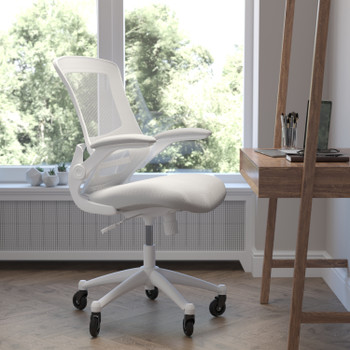 Flash Furniture Kelista Mid-Back Light Gray Mesh Swivel Ergonomic Task Office Chair w/ White Frame, Flip-Up Arms, & Transparent Roller Wheels, Model# BL-X-5M-WH-GY-RLB-GG