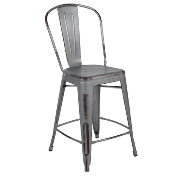 Flash Furniture Carly Commercial Grade 24" High Distressed Silver Gray Metal Indoor-Outdoor Counter Height Stool w/ Back, Model# ET-3534-24-SIL-GG