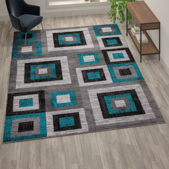 Flash Furniture Gideon Collection Geometric 8' x 10' Turquoise, Grey, & White Olefin Area Rug w/ Cotton Backing, Living Room, Bedroom, Model# OK-HCF-7146ATUR-810-TUR-GG