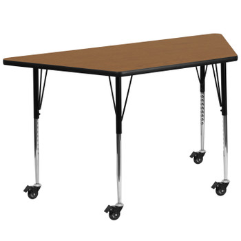 Flash Furniture Wren Mobile 29''W x 57''L Trapezoid Oak Thermal Laminate Activity Table Standard Height Adjustable Legs, Model# XU-A3060-TRAP-OAK-T-A-CAS-GG