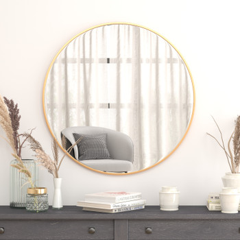 Flash Furniture Julianne 36" Round Gold Metal Framed Wall Mirror Large Accent Mirror for Bathroom, Vanity, Entryway, Dining Room, & Living Room, Model# RH-M003-RD91BB-GD-GG