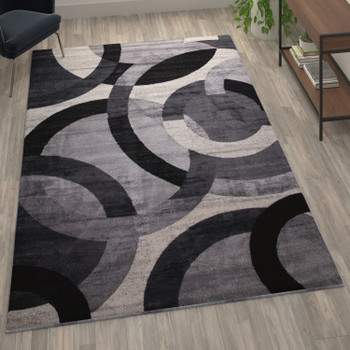 Flash Furniture Harken Collection Geometric 6' x 9' Black & Gray Olefin Area Rug w/ Jute Backing, Living Room, Bedroom, Model# YK-F968A-D9276I-96-BK-GG