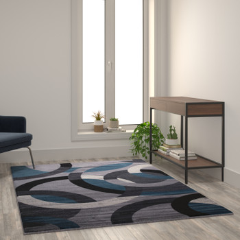 Flash Furniture Harken Collection Geometric 5' x 7' Blue & Gray Olefin Area Rug w/ Jute Backing, Living Room, Bedroom, Model# YK-F968B-D9826-57-BL-GG