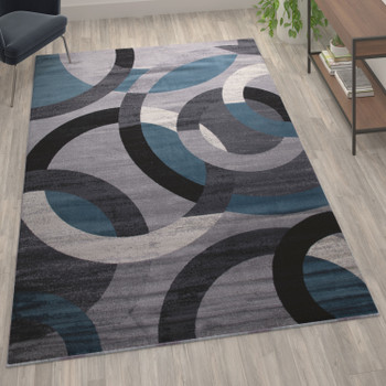 Flash Furniture Harken Collection Geometric 6' x 9' Blue & Gray Olefin Area Rug w/ Jute Backing, Living Room, Bedroom, Model# YK-F968B-D9826-96-BL-GG