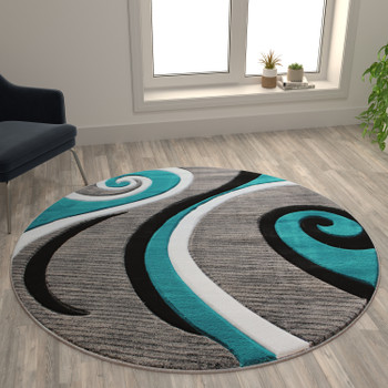 Flash Furniture Athos Collection 5' x 5' Turquoise Abstract Area Rug, Model# KP-RG952-55-TQ-GG