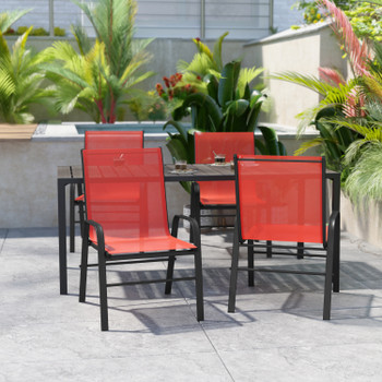 Flash Furniture 4 Pack Brazos Series Black Outdoor Stack Chair w/ Flex Comfort Material & Metal Frame, Model# 4-JJ-303C-RD-GG