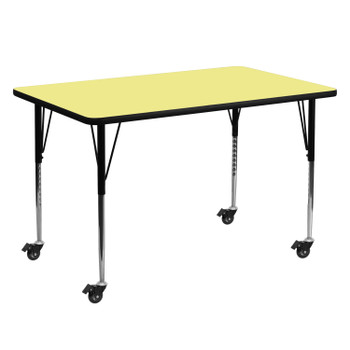 Flash Furniture Wren Mobile 30''W x 60''L Rectangular Yellow Thermal Laminate Activity Table Standard Height Adjustable Legs, Model# XU-A3060-REC-YEL-T-A-CAS-GG