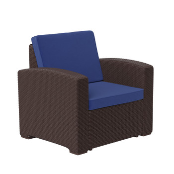 Flash Furniture Seneca Brown Faux Rattan Chair w/ All-Weather Navy Cushion, Model# DAD-SF1-1-BNNV-GG