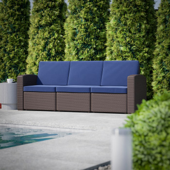 Flash Furniture Seneca Brown Faux Rattan Sofa w/ All-Weather Navy Cushions, Model# DAD-SF1-3-BNNV-GG