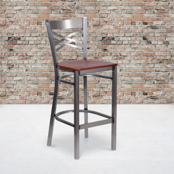 Flash Furniture HERCULES Series Clear Coated ''X'' Back Metal Restaurant Barstool Cherry Wood Seat, Model# XU-6F8B-CLR-BAR-CHYW-GG