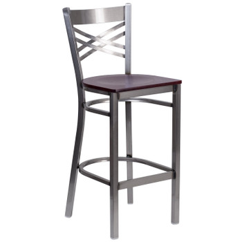 Flash Furniture HERCULES Series Clear Coated ''X'' Back Metal Restaurant Barstool Mahogany Wood Seat, Model# XU-6F8B-CLR-BAR-MAHW-GG