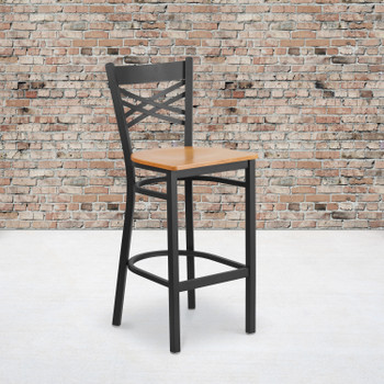 Flash Furniture HERCULES Series Black ''X'' Back Metal Restaurant Barstool Natural Wood Seat, Model# XU-6F8BXBK-BAR-NATW-GG