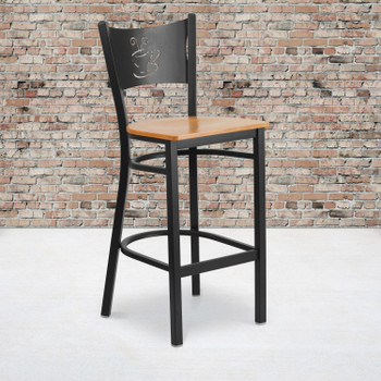 Flash Furniture HERCULES Series Black Coffee Back Metal Restaurant Barstool Natural Wood Seat, Model# XU-DG-60114-COF-BAR-NATW-GG