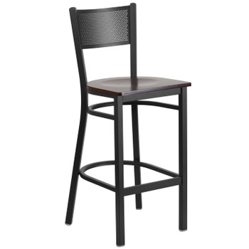 Flash Furniture HERCULES Series Black Grid Back Metal Restaurant Barstool Walnut Wood Seat, Model# XU-DG-60116-GRD-BAR-WALW-GG