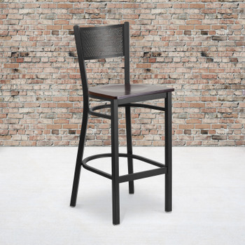 Flash Furniture HERCULES Series Black Grid Back Metal Restaurant Barstool Walnut Wood Seat, Model# XU-DG-60116-GRD-BAR-WALW-GG