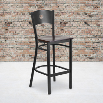 Flash Furniture HERCULES Series Black Circle Back Metal Restaurant Barstool Walnut Wood Seat, Model# XU-DG-60120-CIR-BAR-WALW-GG