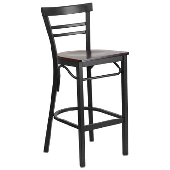 Flash Furniture HERCULES Series Black Two-Slat Ladder Back Metal Restaurant Barstool Walnut Wood Seat, Model# XU-DG6R9BLAD-BAR-WALW-GG