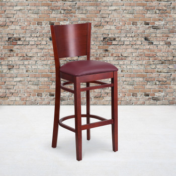 Flash Furniture Lacey Series Solid Back Mahogany Wood Restaurant Barstool Burgundy Vinyl Seat, Model# XU-DG-W0094BAR-MAH-BURV-GG