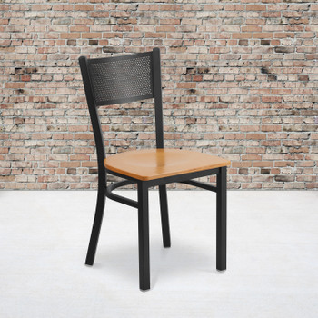 Flash Furniture HERCULES Series Black Grid Back Metal Restaurant Chair Natural Wood Seat, Model# XU-DG-60115-GRD-NATW-GG