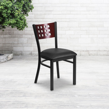 Flash Furniture HERCULES Series Black Cutout Back Metal Restaurant Chair Mahogany Wood Back, Black Vinyl Seat, Model# XU-DG-60117-MAH-BLKV-GG